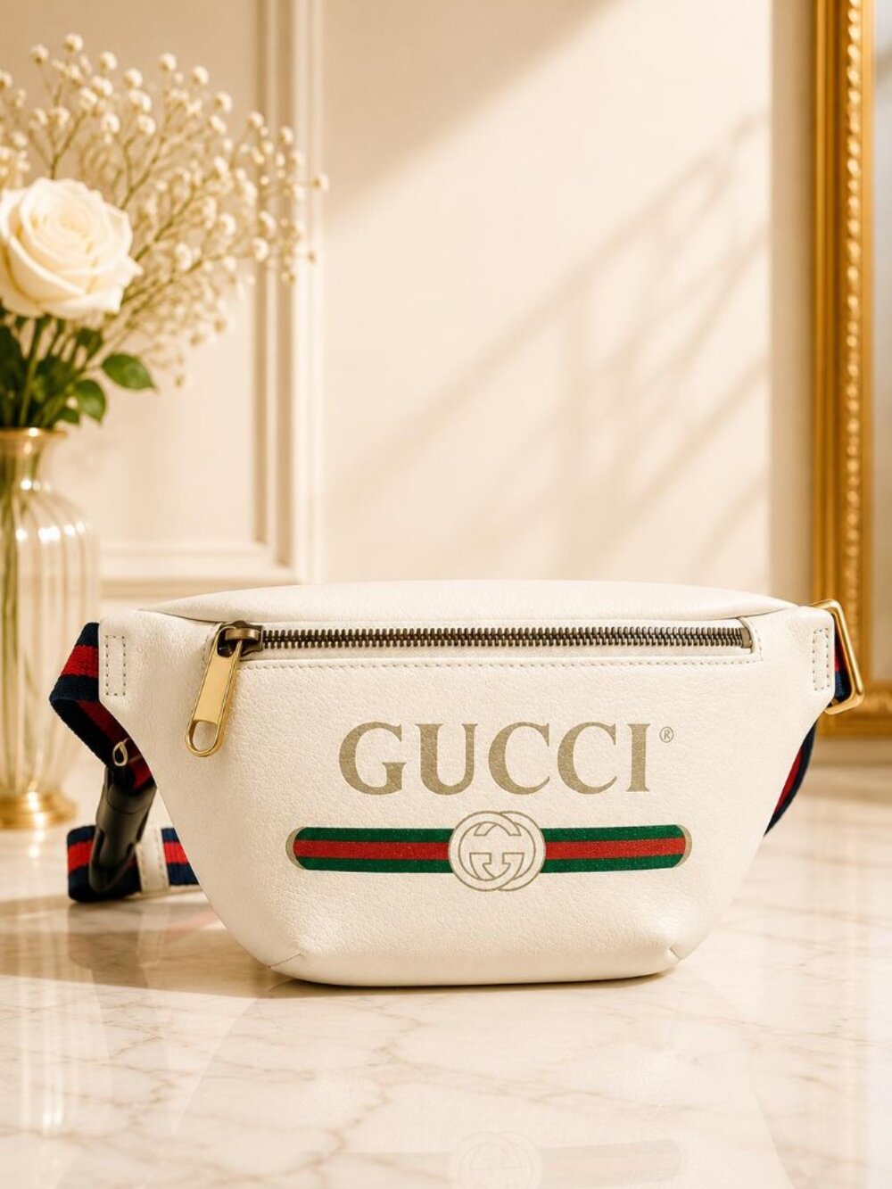 Authentic Gucci Logo Print White Leather Belt Bag Waist Crossbody Bag